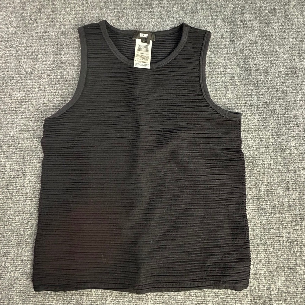 DKNY Womens Black Ribbed Textured Sleeveless Tank Top Crew Neck Medium